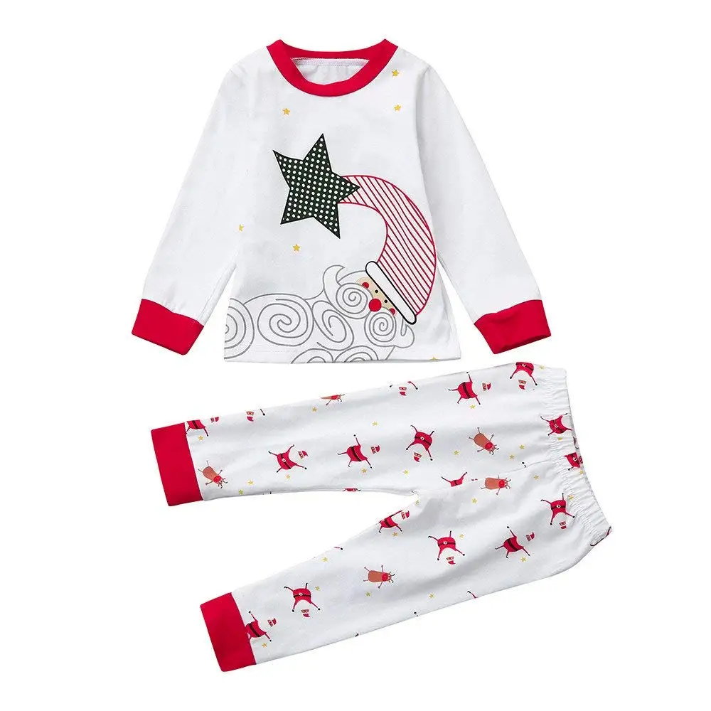 WARMSHOP 2PC Christmas Clothes Kids Boys Girls Snowman Letter Print Pullover Tops+Stripe Pants Pajamas Cotton Outfits