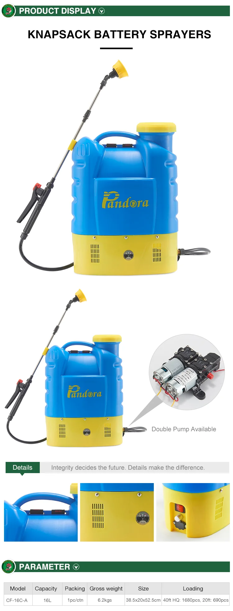 16l Pandora Agricultural Electric Sprayers With Double Pump - Buy 16l ...