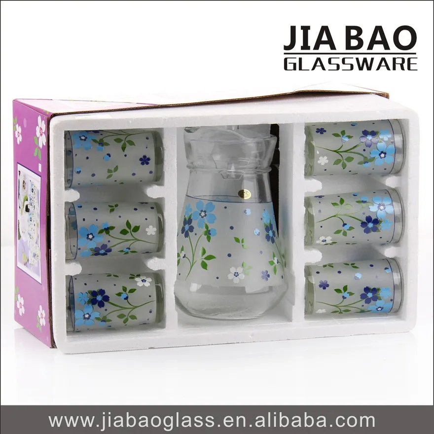 2017new Design 7pcs Decal Printed Glass Drinking Jug Set With 1 Jug & 6