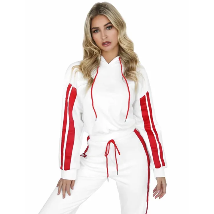 New Fashion Ladies Stripe Contrast Stitching Two-piece suit Women's Casual Warm Track Suit