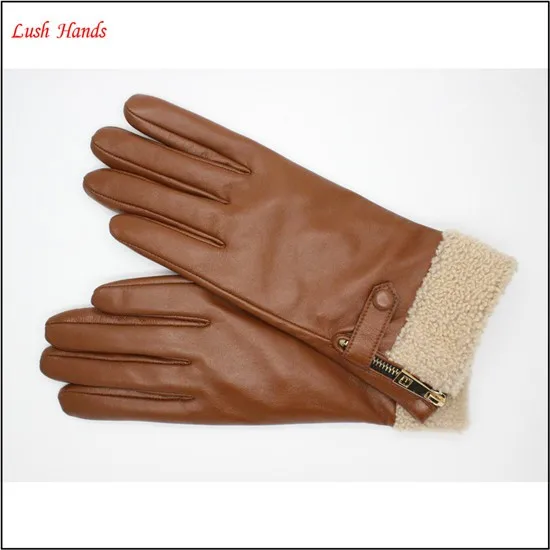 ladies winter sheepskin touch leather hand gloves brown