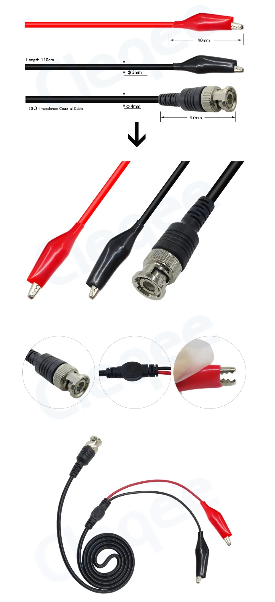 110cm BNC Q9 Male Plug to 2 Alligator Clip Oscilloscope Probe Test Lead Cable