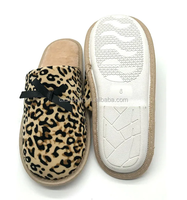 Womens Leopard Animal Print Slippers With Ribbon Bows Bedroom House