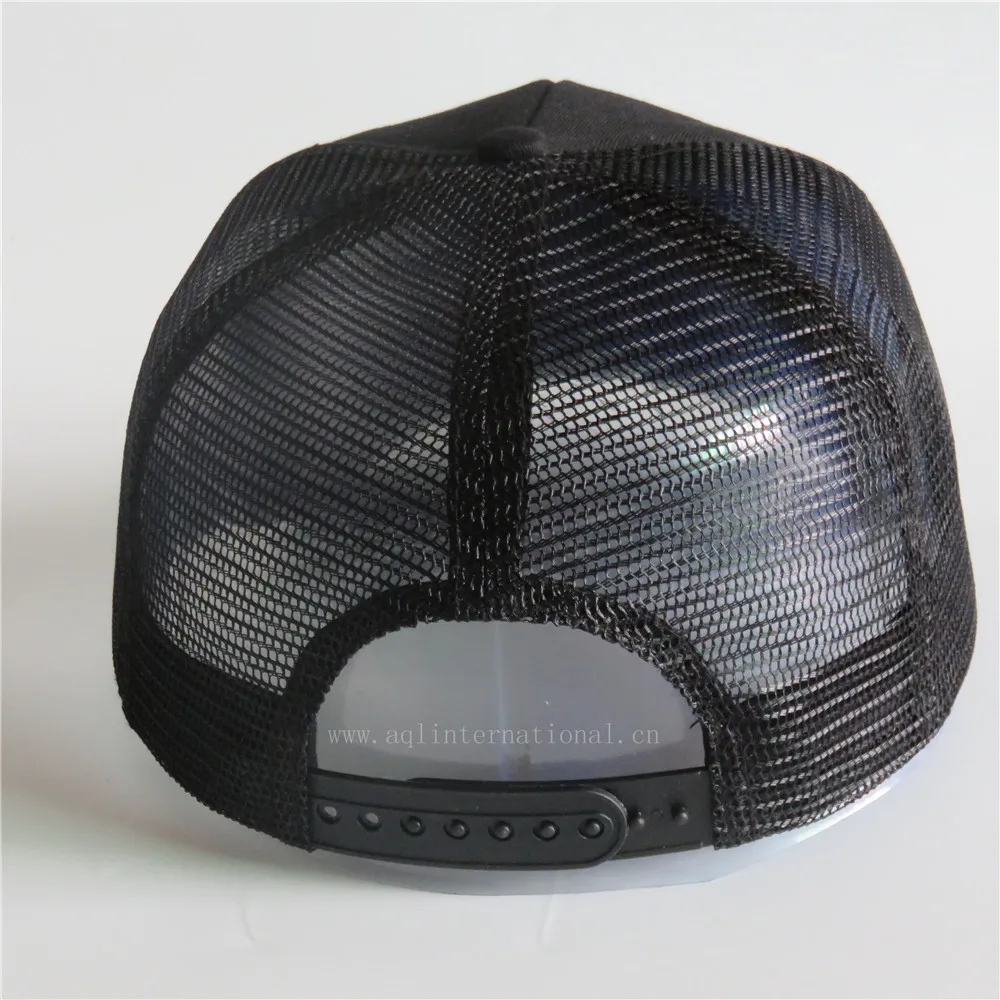 Black trucker cap quality customized golden metallic 3d embroidery mesh