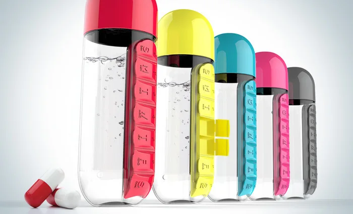 Water Bottle 600ml With Weekly Pill Organizer Box 2 In 1 (Medicine Storage)  For Sports Men/Women/Kids