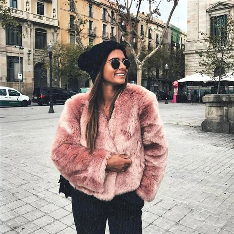 2018 Must Have Pink Faux Fur Coats Long Sleeve Thicken Winter Jackets Coats Women Fashion Streetwear Cardigan Outerwear