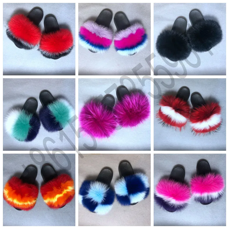 Instgaram Fancy Sandals Women Real Raccoon Fur Slides Fashion Fluffy
