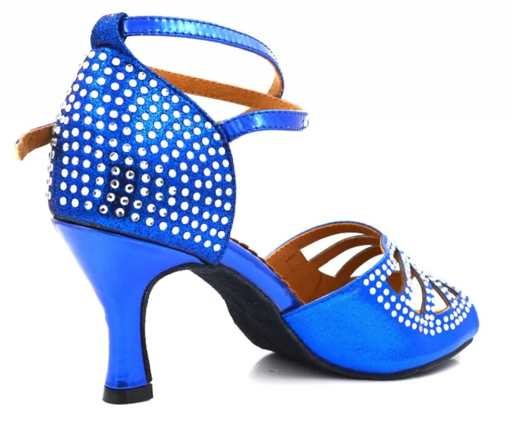 Women Dance Shoes Salsa Party Dance Shoes Blue Color Satin Diamond