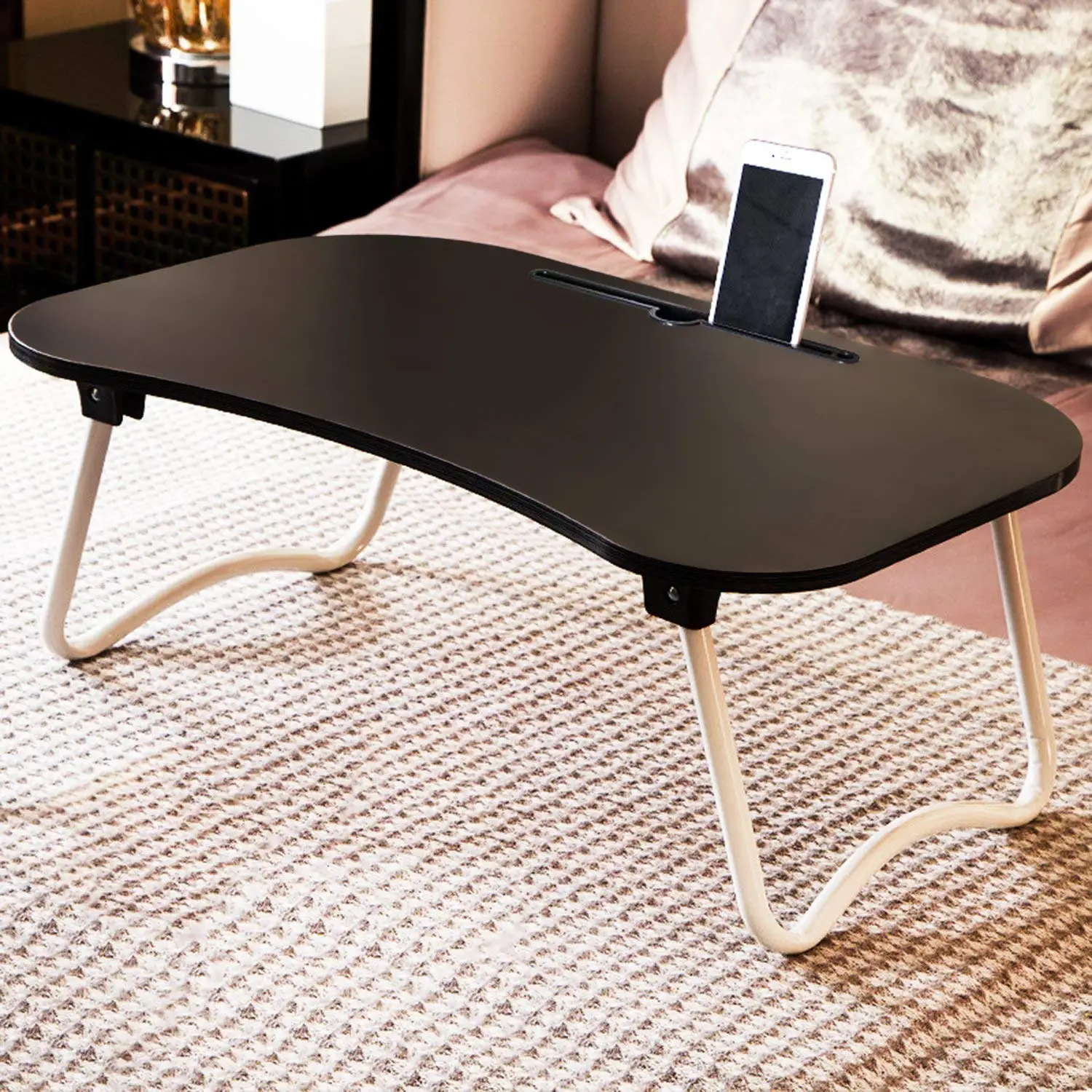 Jerry & Maggie Laptop Desk Wood Round Edge Lapdesk Game Table with Non-slip design & I pad Slot - Foldable Portable on Bed Sofa Party Computer Play Table Lazy Personal Desk (Jet Black)