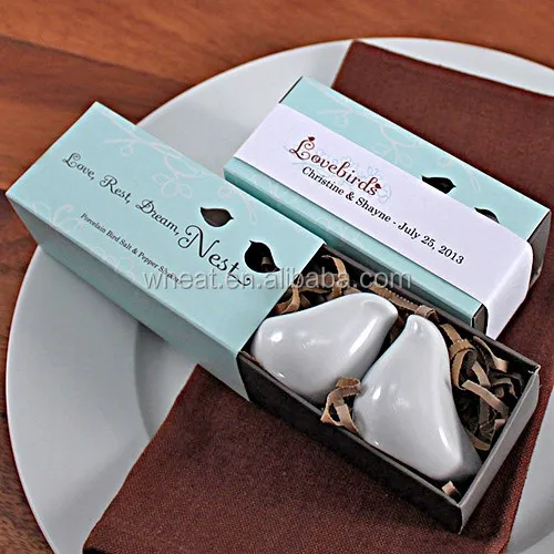 Love Birds White Salt Pepper Shakers Wedding Favors Favours Boxes Tags Bows