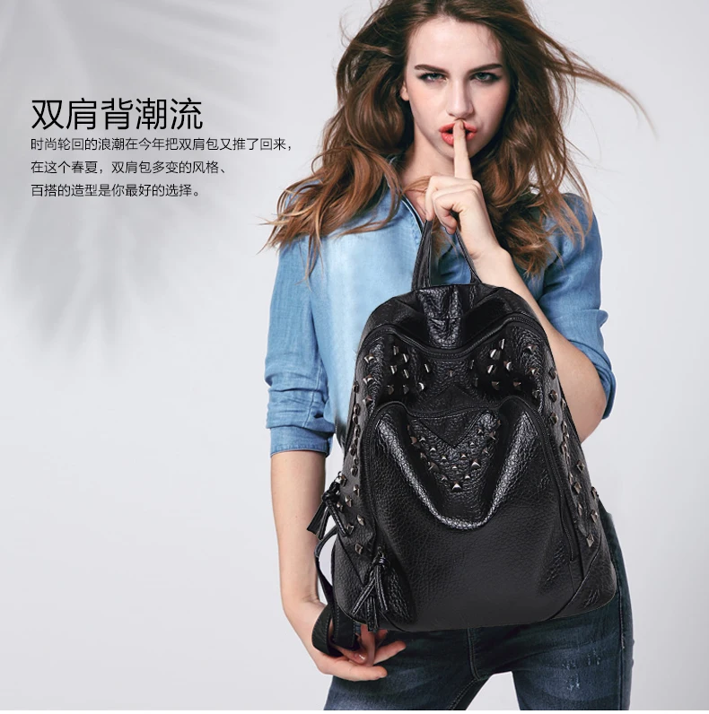 Wholesale custom made ladies backpack bag fashionable soft leather women backpack with rivets