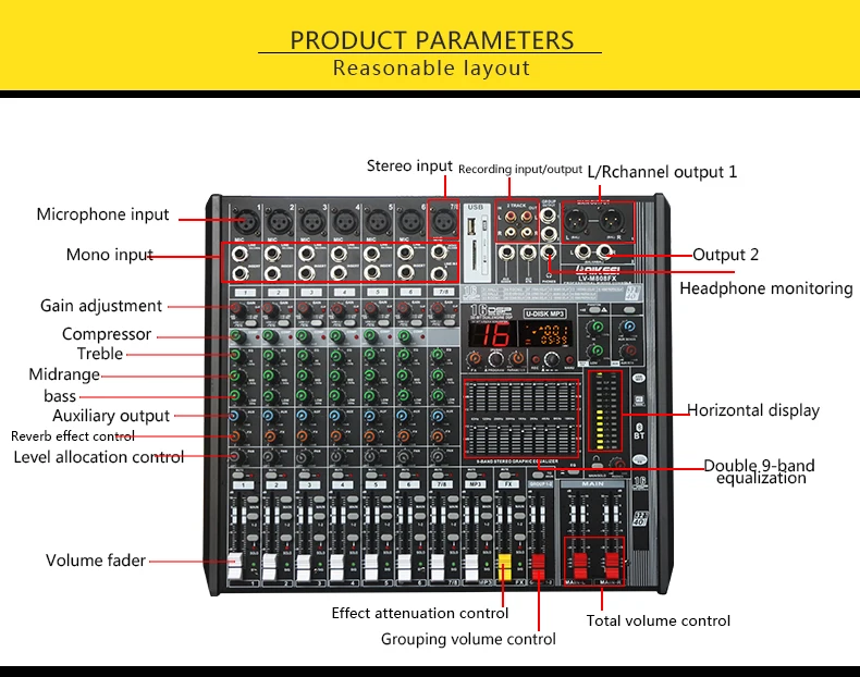 Professional audio mixer 8 channel mixing console