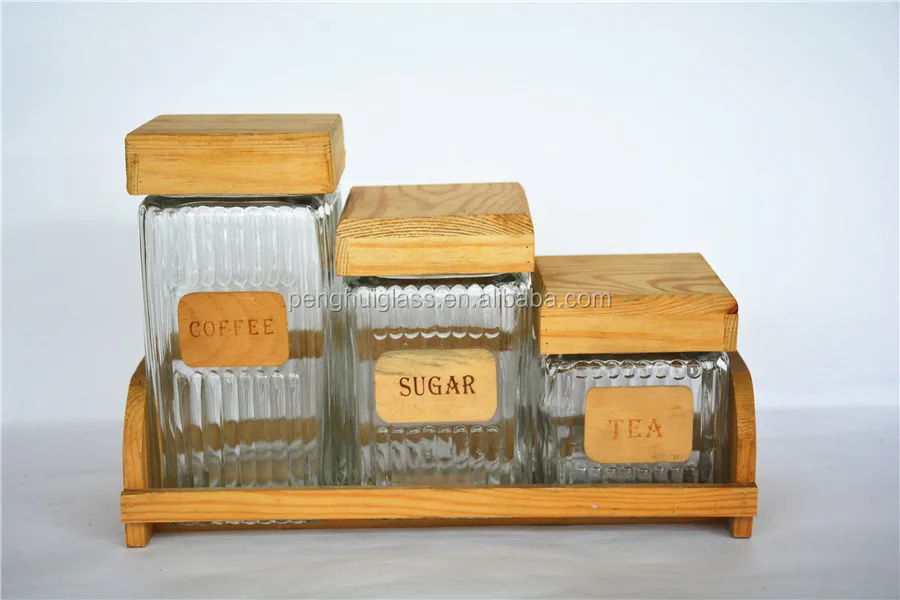 3 Pcs Square Glass Storage Jar With Wooden Lid In Wood Stand Buy