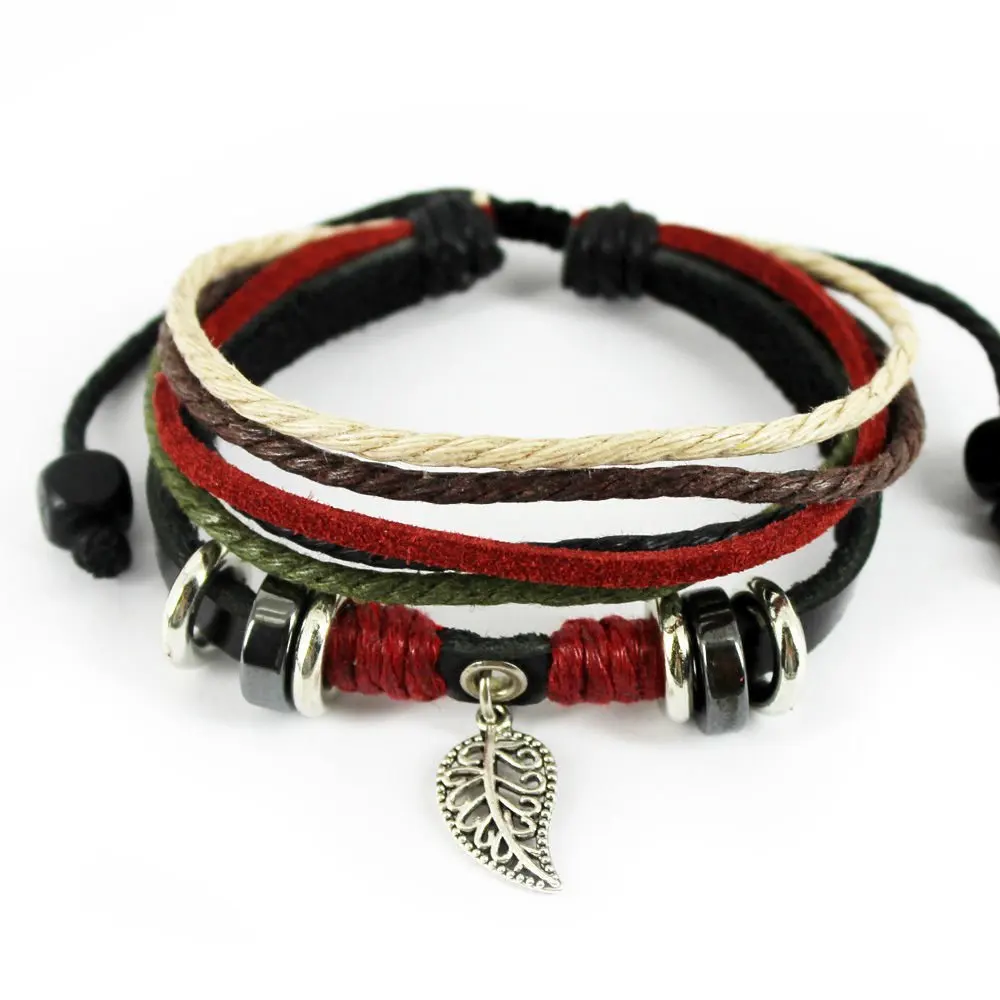 Men Women Leaf Black Leather Adjustable Bracelet Handmade Cuff Bangle Jewelry EW