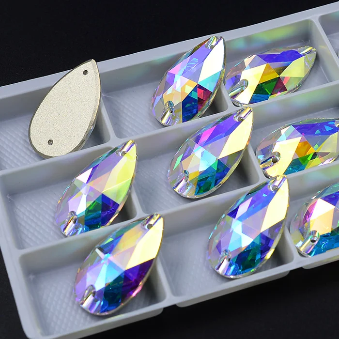 Best quality 17X28mm AB crystal tear drop flat back sew on rhinestone for ballroom dress