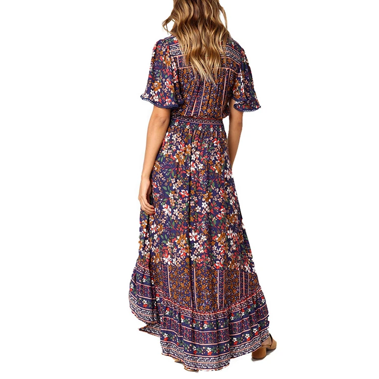 2019 Summer Women Maxi Noble Sapphire Blue Floral Print Front Button Bohemian Beach Dress