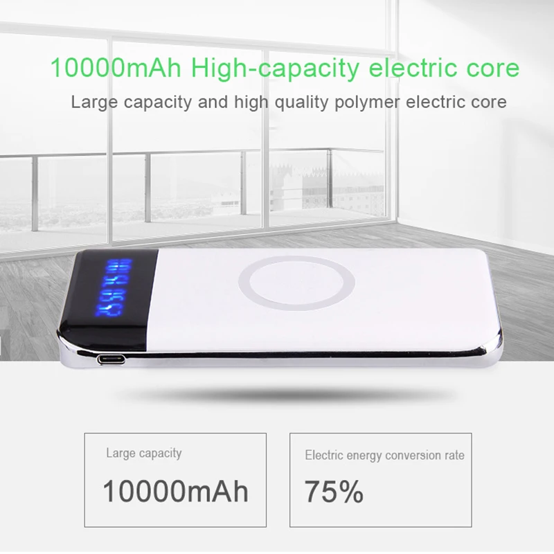 logo custom portable Qi standard mobile phone wireless charger slim power bank 10000mah with lcd display - ANKUX.COM