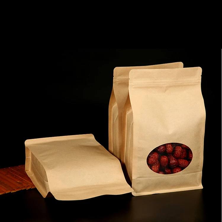 Resealable Side Gusset Square Bottom Kraft Paper Zip Bag With Window