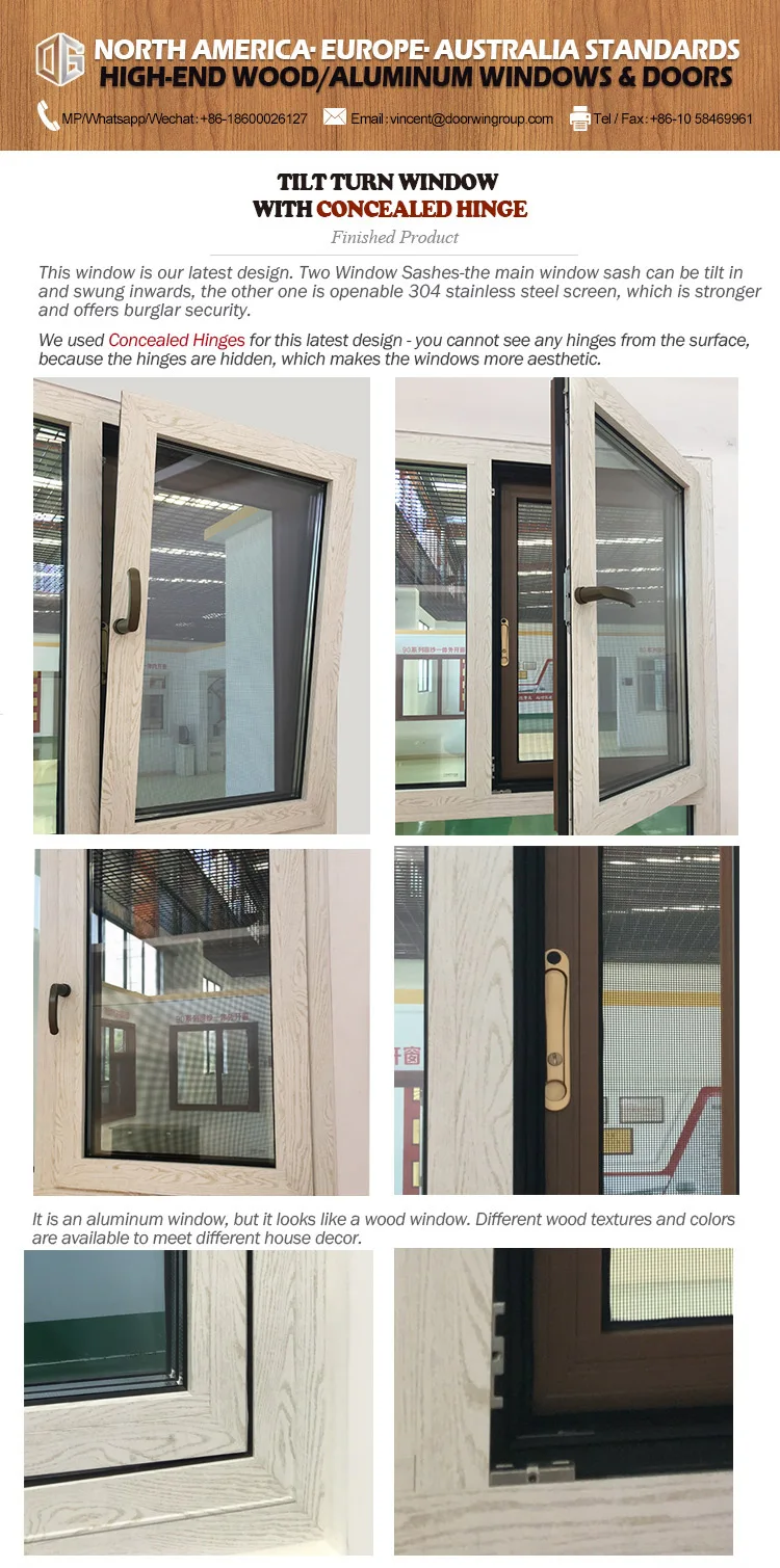 Latest design two window sashes the main window tilt and swung inwards with 304 stainless steel screen and concealed hinges