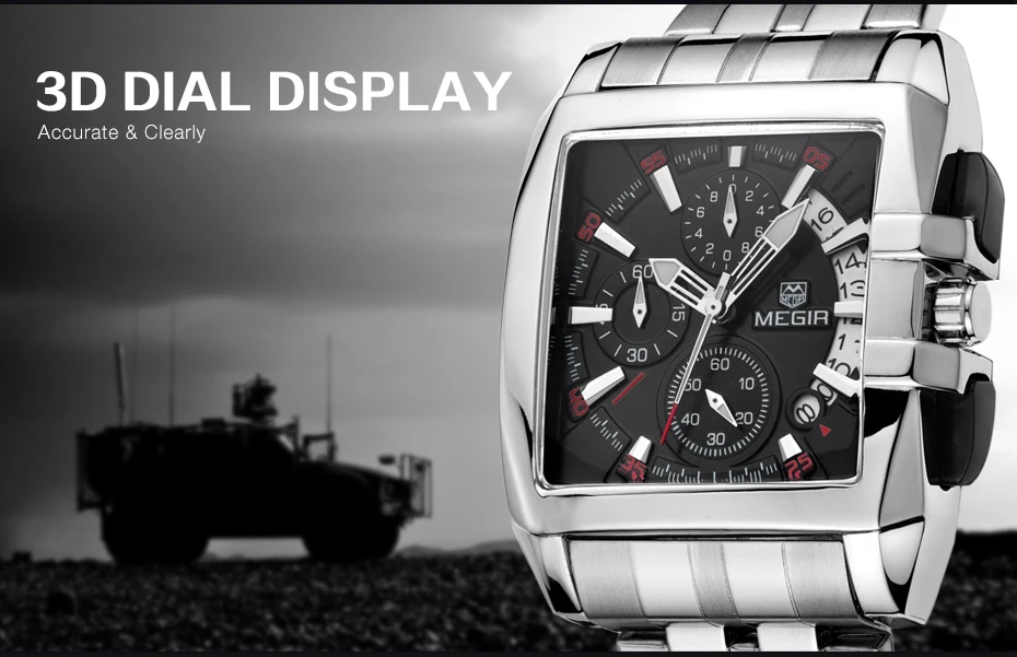 reloj Megir Big Dial Mens Square Quartz Wristwatches Stainless Steel Chronograph Mens Watch Luxury