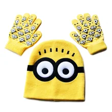 New Children’s Cap + Scarf Hat Winter Cartoon Minions Glove Hats Sets Fashion Kids Baby Warm Knitted Caps Gloves Baby Beanies