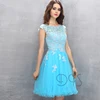 2018 cheap light blue lace appliques short puffy prom dress with sparkly sequins