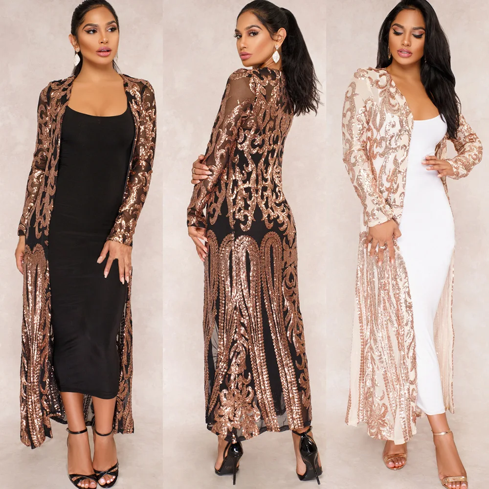 2019 new dresses hot style in Euramerica sexy sequins decoration see-through cardigans lace mesh embroidery long skirt