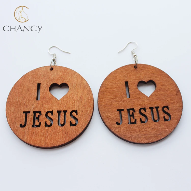 Hot Sale 2018 Beautiful Wooden Christian Religion Round Earrings For