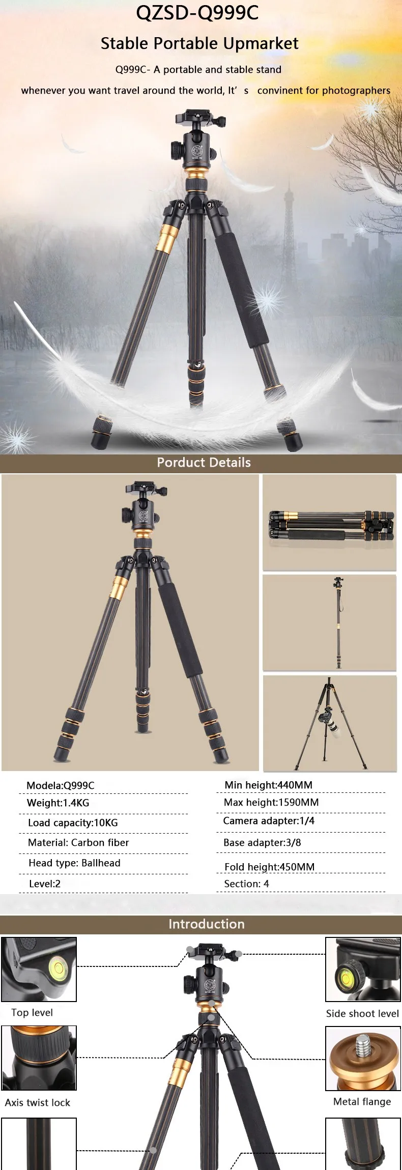 Carbon Fiber Auto Level Camera Tripod For Dslr Video Digital Camcorder