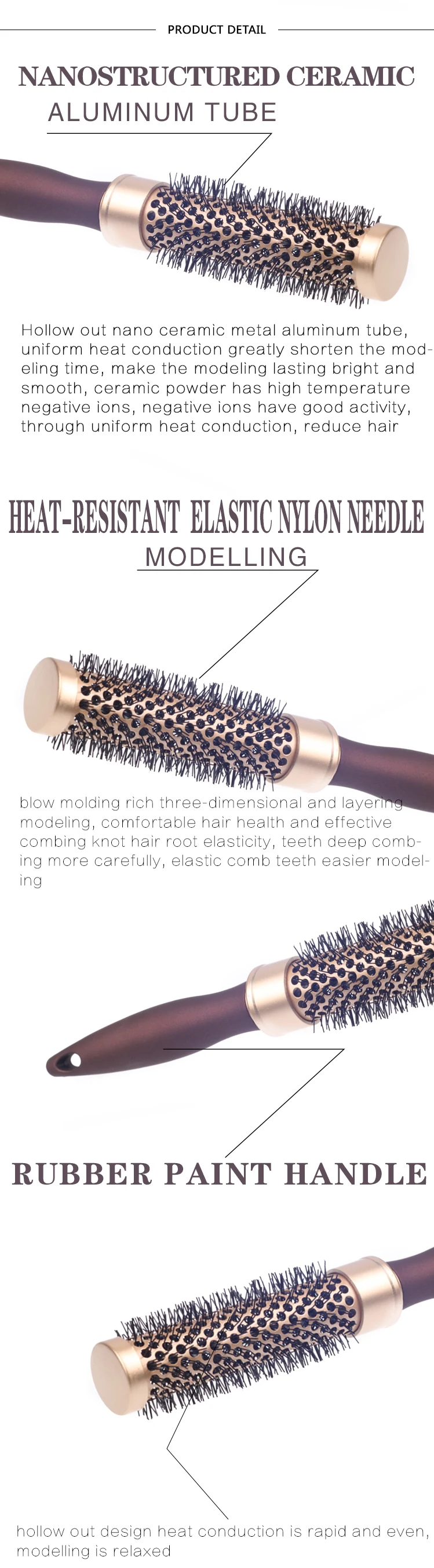 EUREKA 8616CEG-BR Aluminum Barrel Hair Brush Heat-resistant Ceramic Painting Brush Anti-slide Handle Round Hair Brush