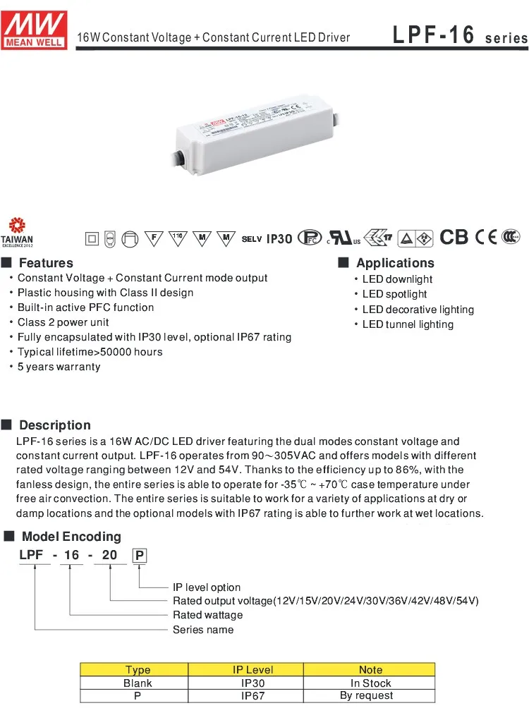 MW Mean Well LPF-16-54 54V 0.3A 16.2W Single Output Switching with PFC LED Power Supply