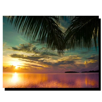 Coating Lacquer Kanvas Gambar Lukisan Sunset Palm Tree Samudera Pasifik