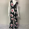Fashion V Neck Floral Pattern Women Long Jumpsuit With Belt