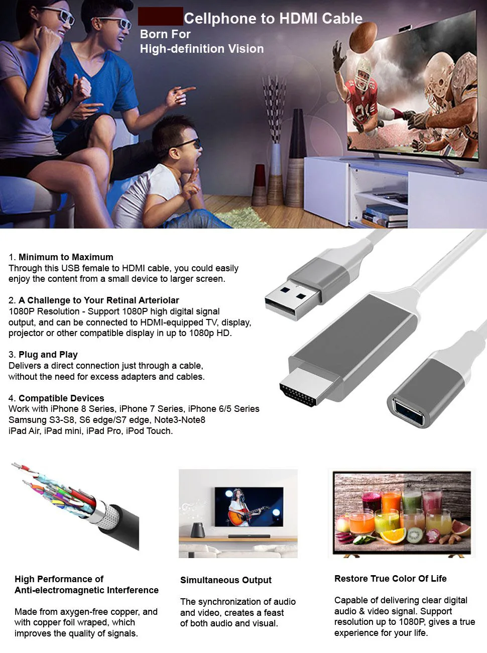 MHL cable For Apple Iphone 7 6s Plus IOS