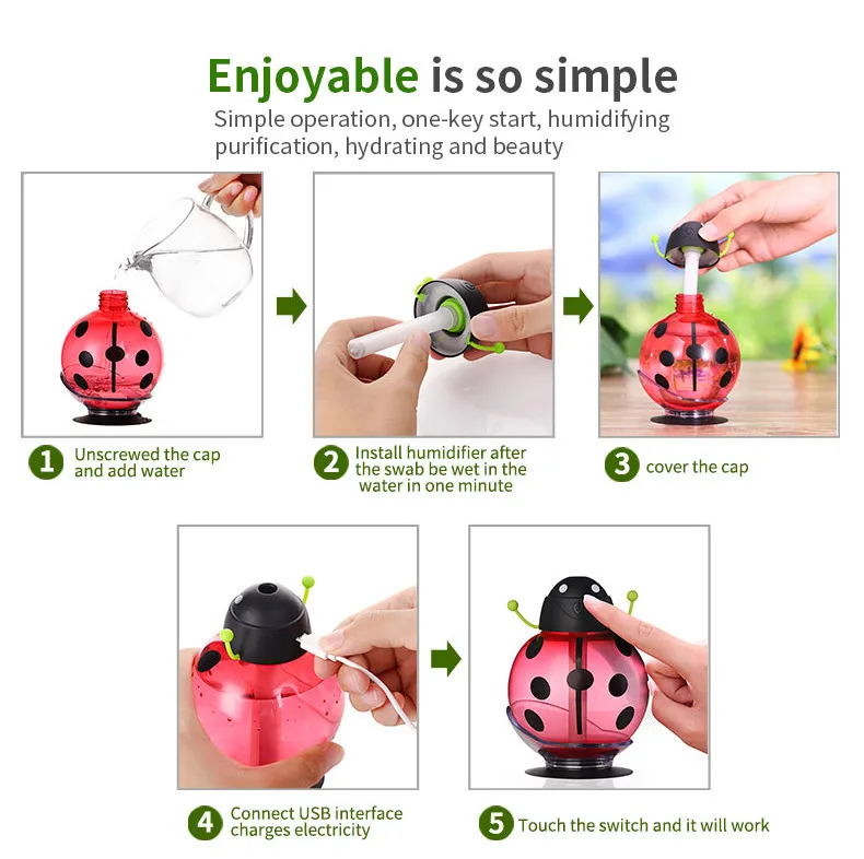 USB Powered Funny Beatle Home Car Aroma LED Humidifier Air Diffuser Purifier Atomizer Cartoon Design Creative