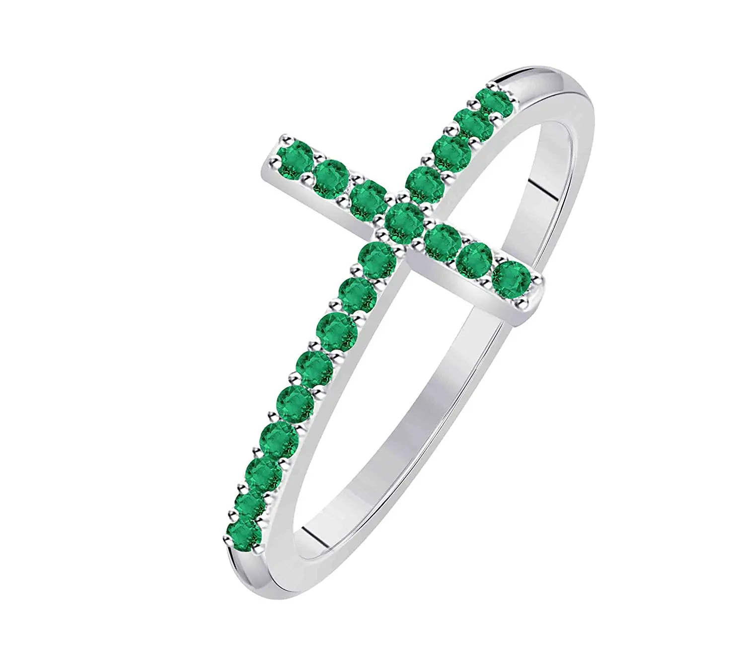 Hot Sale !!! Women's Cross Lab Created Green Emerald Thin Stackable Sterling Silver Plated Sideways Cross Ring (Size 4 - 11)