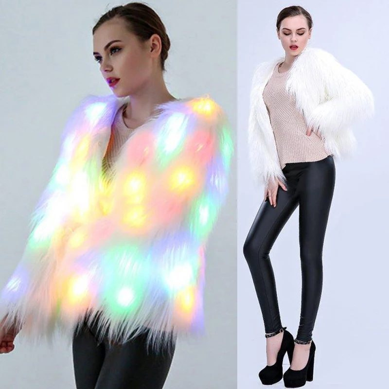 Fashion Women Faux Fur Coat Led Lights Plus Size Christmas Costumes Fur Jacket Festival Winter Warm Party Club Outwear