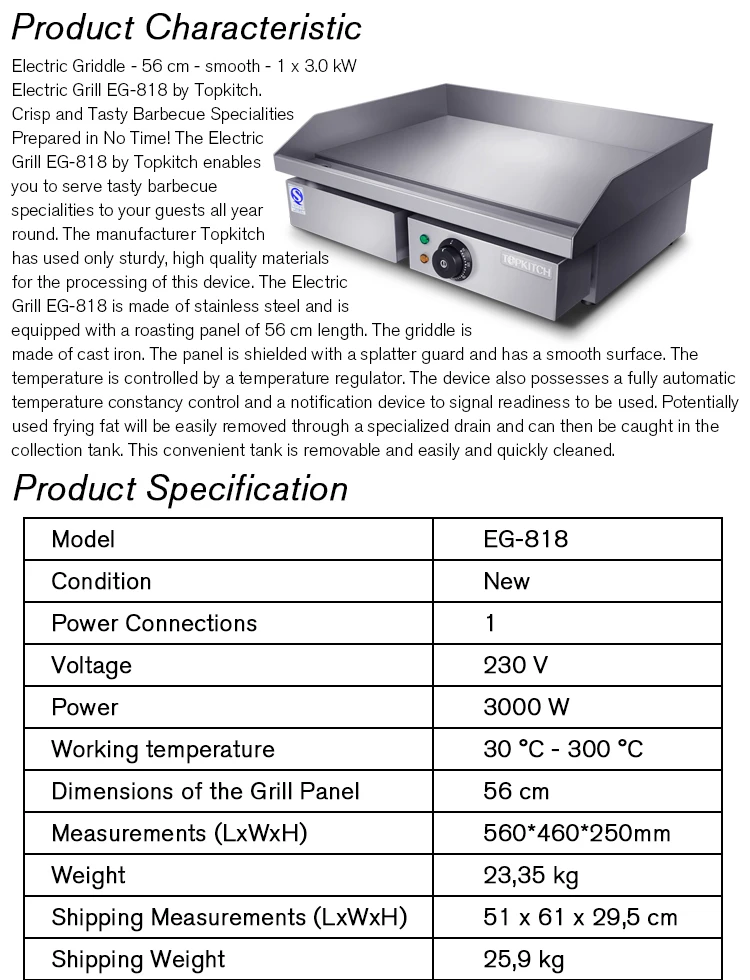 Topkitch CE Certificated Induction Counter Top Electric Flat Hot Plate 55 cm Griddle 3000w