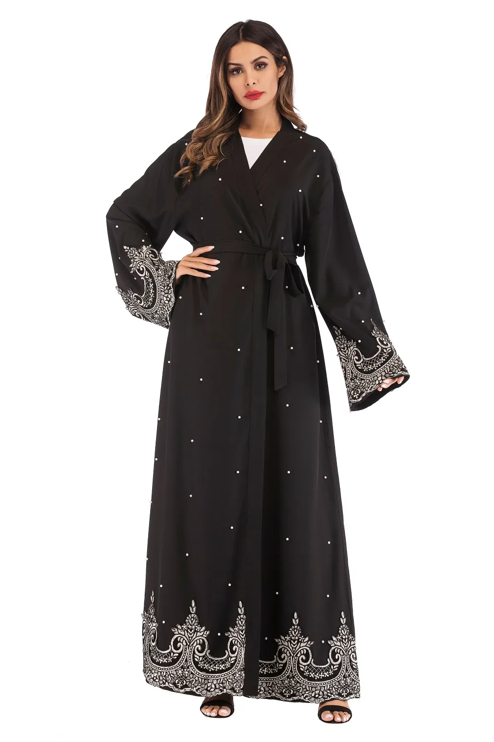 1684 # 女装和服流行时尚紫色串珠优雅迪拜 abaya 正面开放