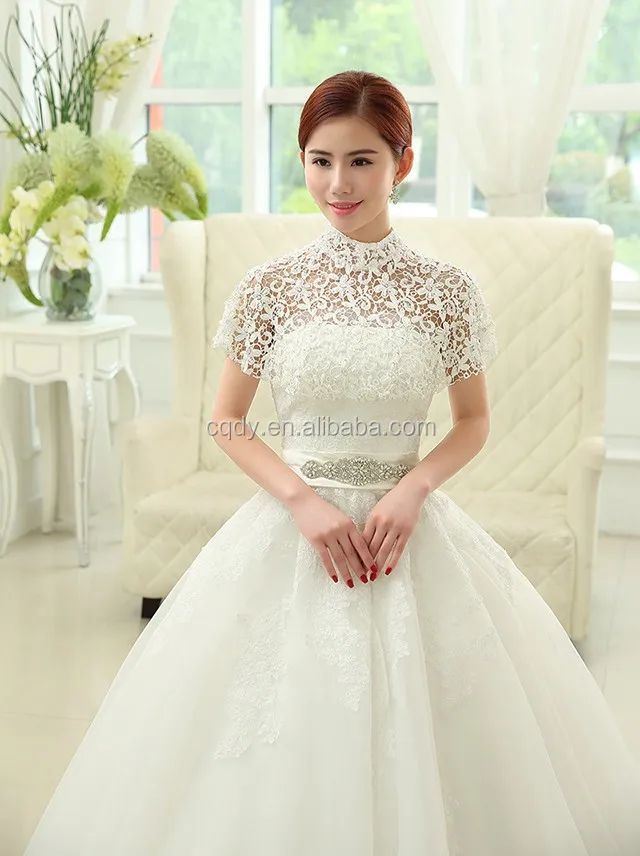 2016 Lace Appliques Wrap Cap Sleeves High Neck Plus Size Bridal