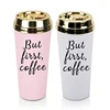 double wall reusable car coffee cup promotion custom logo gold pink plastic coffee mug creative free sample