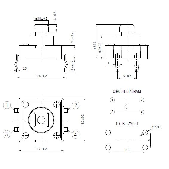 Tsa12110-090 Tact Switch With New Height Of 9mm,Tactile Switch ...