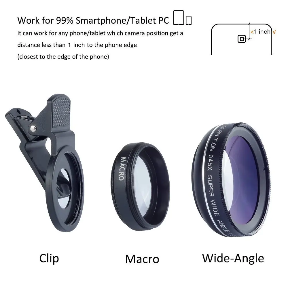 Apexel Universal Clip On Cell Phone Camera Lenses 0.45x Super Wide