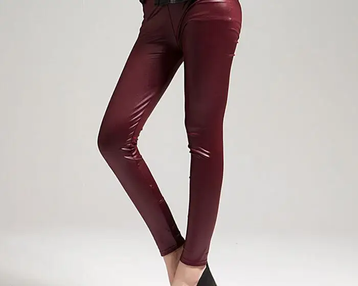 Women Imitation Sex Leather Leggings High Waist Elastic Material Pencil