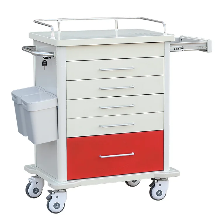 Popular ABS plastic steel hospital furniture mobile medicine crash trolley cart in emergency room medical equipment