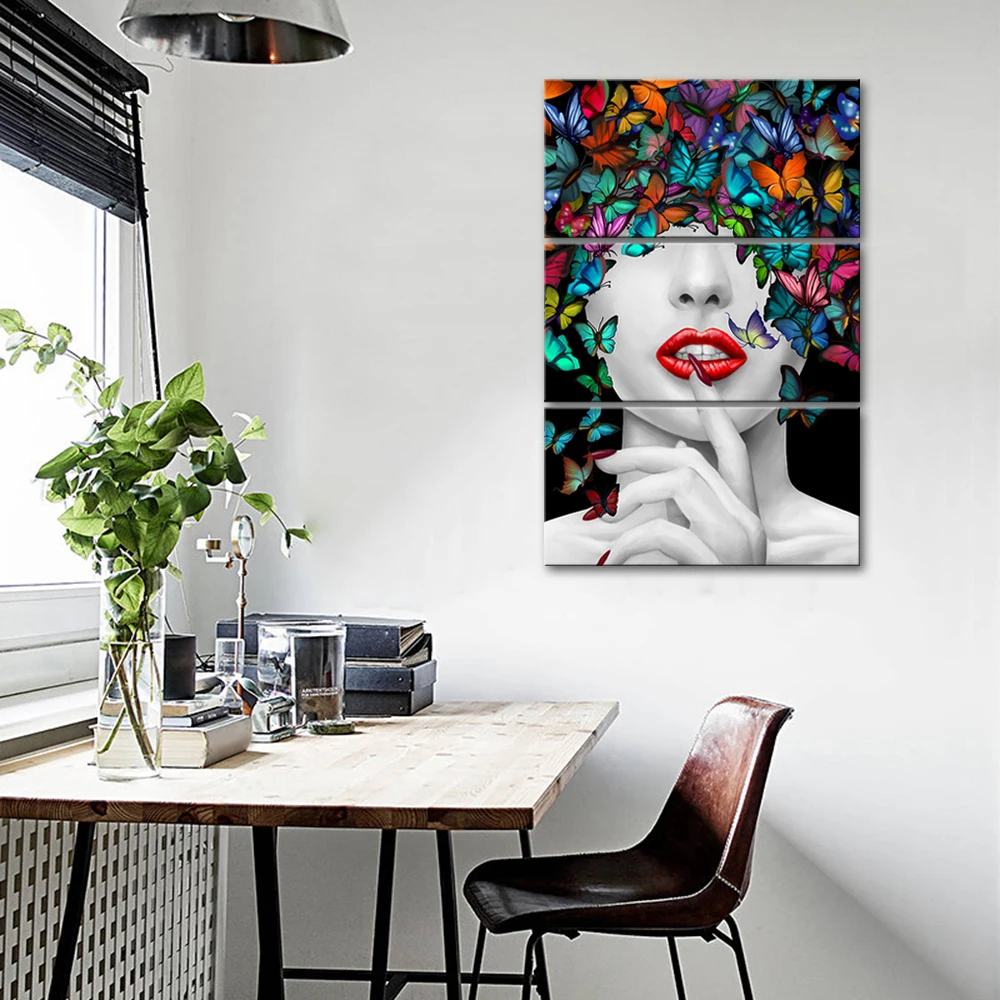 3 Pieces Wall Art Abstract Beautiful Sexy Woman Colorful Butterfly 