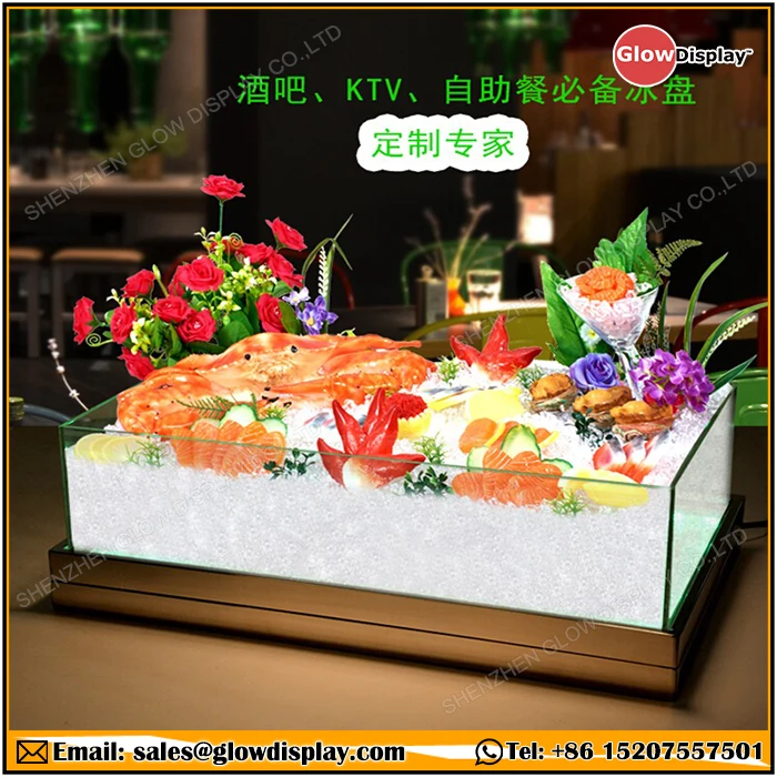 Glo-Ice acrylic buffet serving tray and illuminated display tray for catering