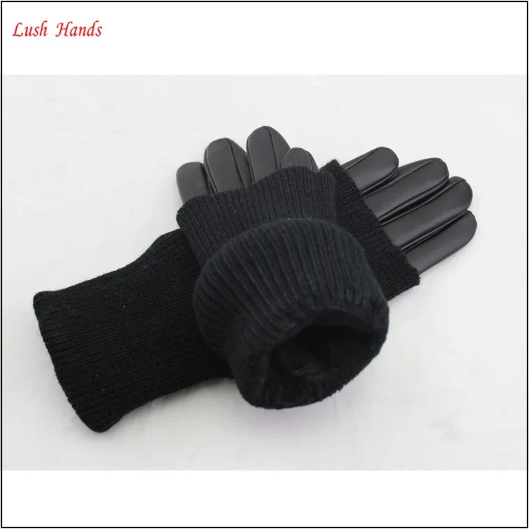 ladies winter leather hand gloves with knitting looping