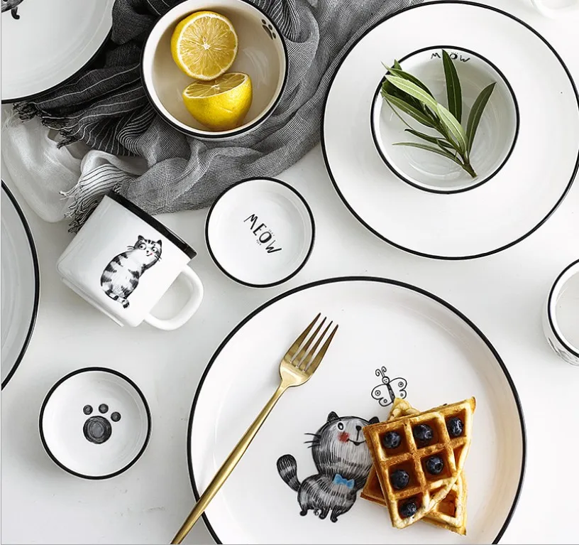 Cute White Ceramic Tableware Decal Cat Design Dinnerware Set For Kids Buy Cat Dinnerware Set