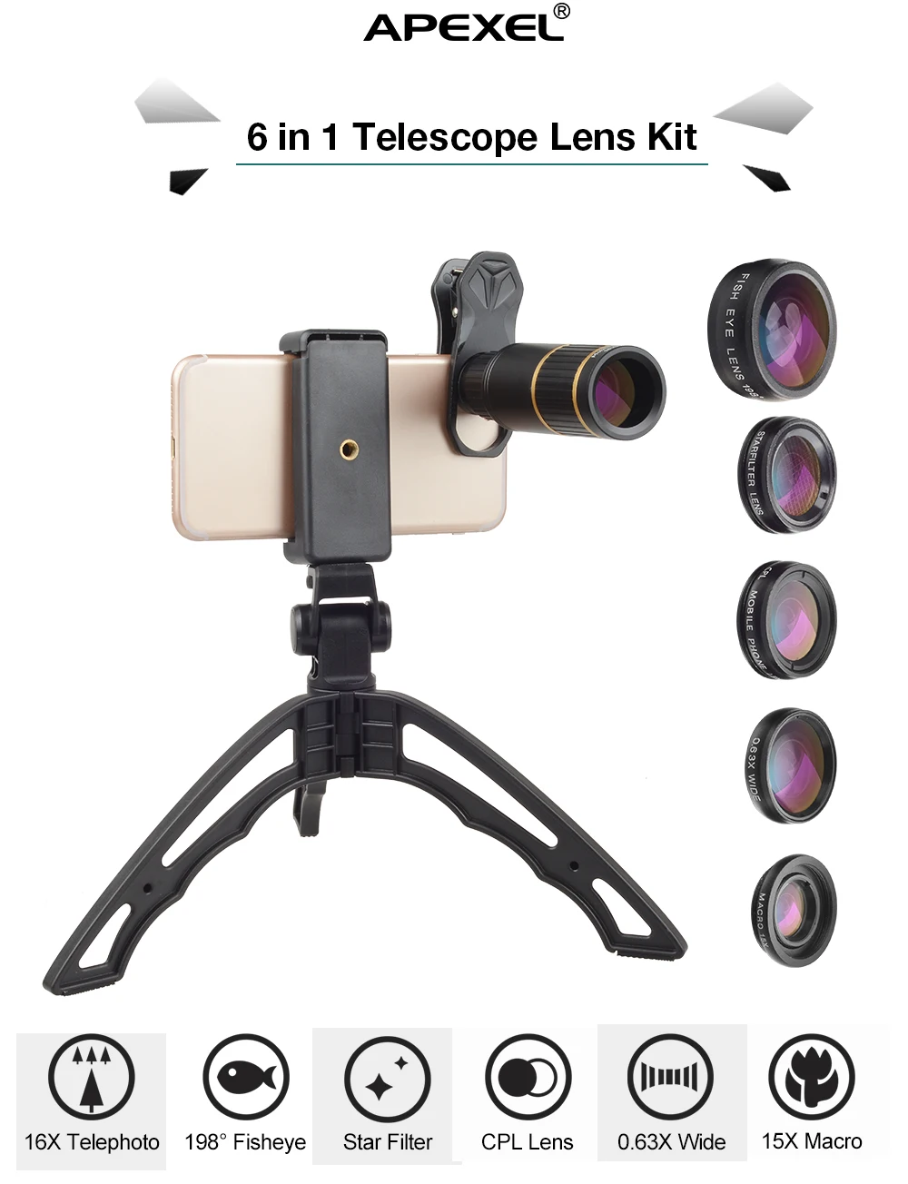 Apexel 16x Mobile Camera Lens Telescope Fisheye Wide Angle Macro
